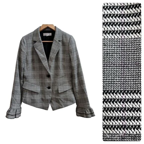 Tahari Arthur S Levine Flaw Glen Chek Pattern Ruffle Cuff Button Blazer Size 6 - Picture 1 of 12